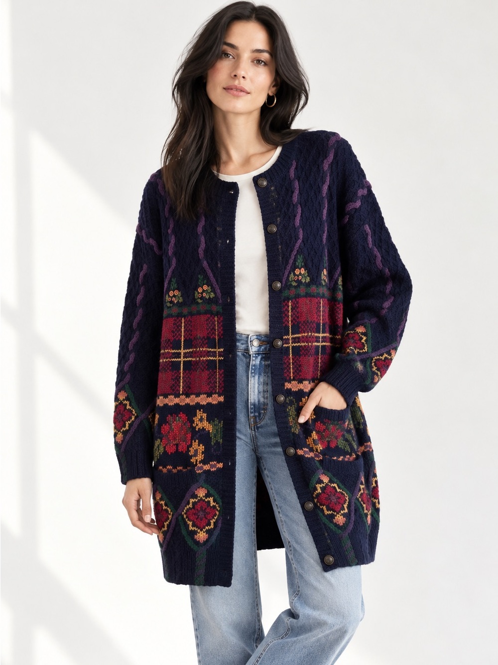 Vintage Laura Ashley Wool Duster Cardigan XL Fair Isle Floral Plaid Longline